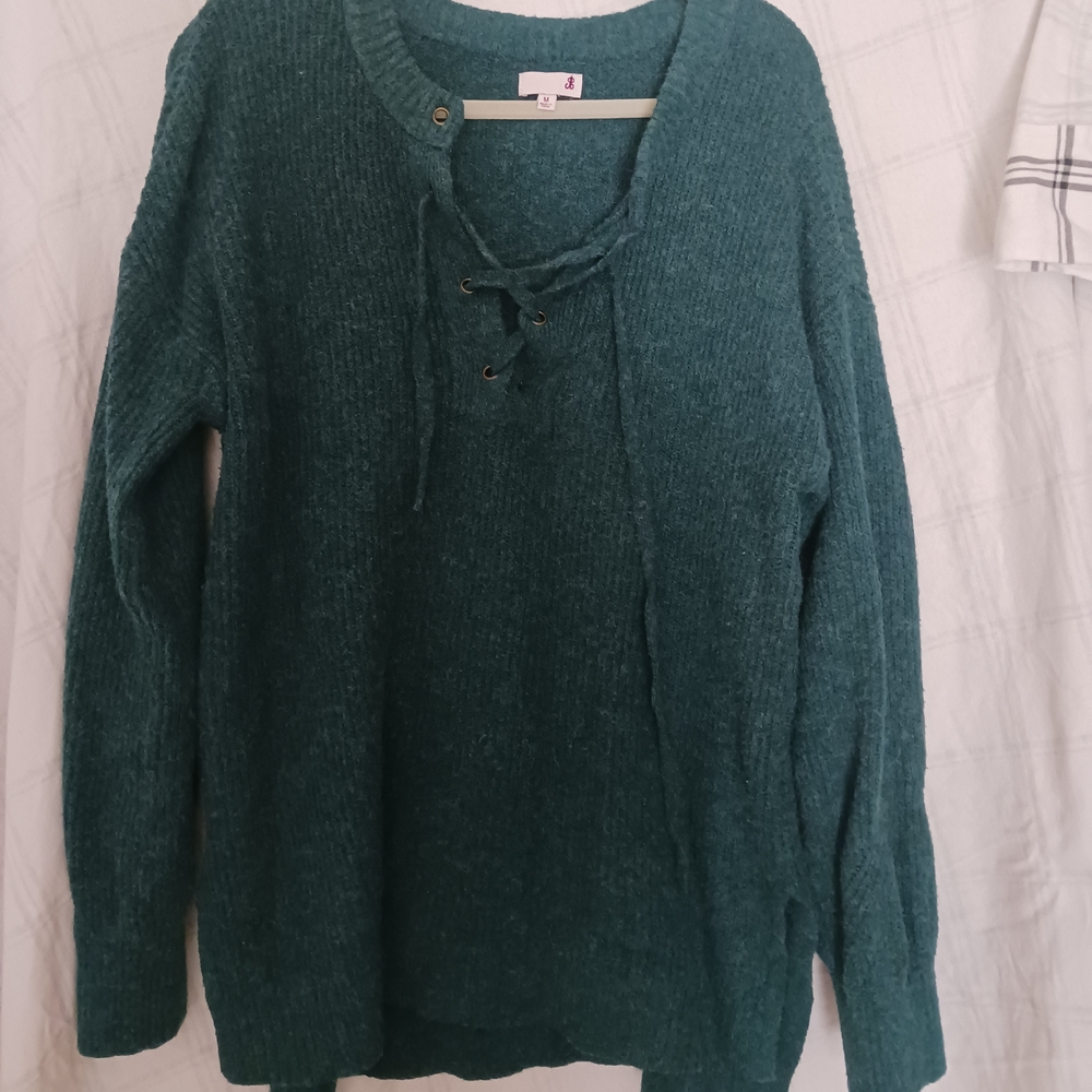 SO Womens Teal Green Lace Up Henley Ribbed Knit Sweater Size Medium